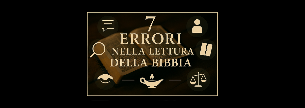 Immagine bibbia aperta ed in sovra impressione 7 simboli che rappresentano i 7 principali errori nella lettura della bibbia 