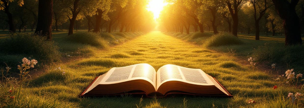 L'immagine mostra una via alberata rettilinea che conduce verso un sole al tramonto, con in primo piano una bibbia aperta.