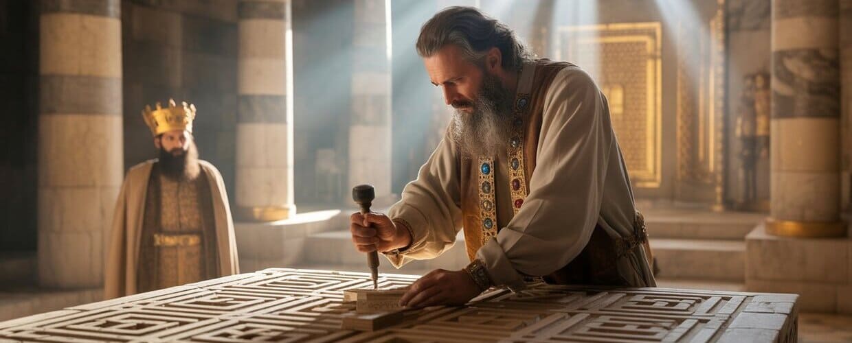 L'immagine ritrae il sacerdote Uria che costruisce copia dell'altare del tempio di Damasco