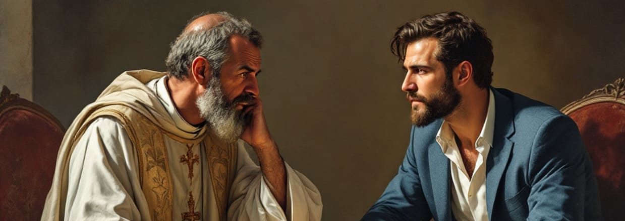 L'immagine mostra un predicatore evangelico che illustra le scritture ad un sacerdote cattolico