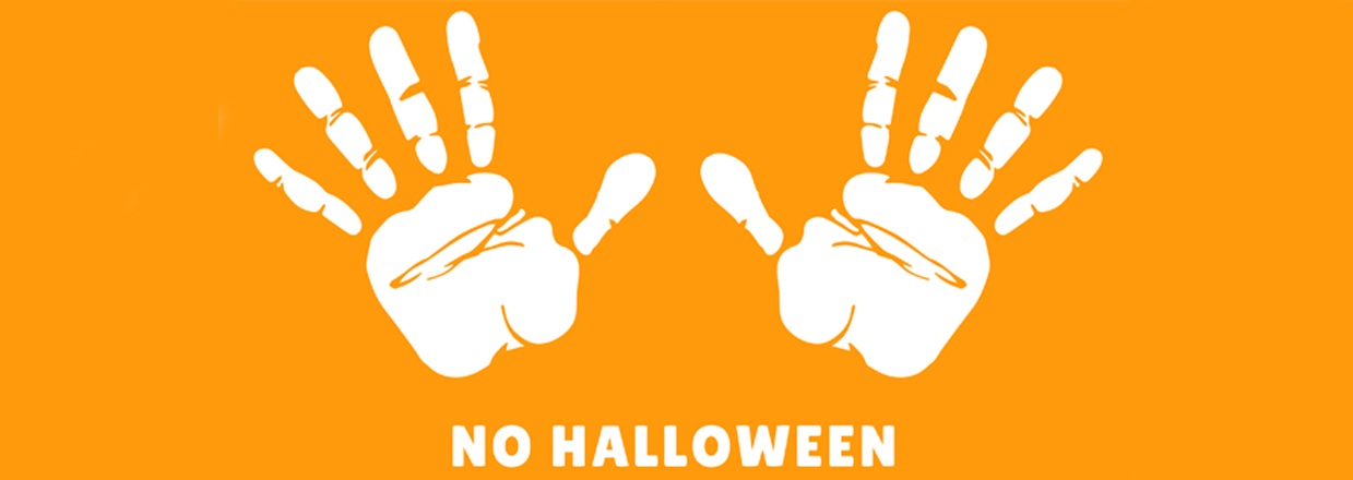 Testo "NO HALLOWEEN" sotto una mano spalancata simboleggiante lo STOP 