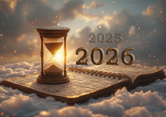 Immagine di una clessidra in svuotamento e l'indicazione dell'anno 2026